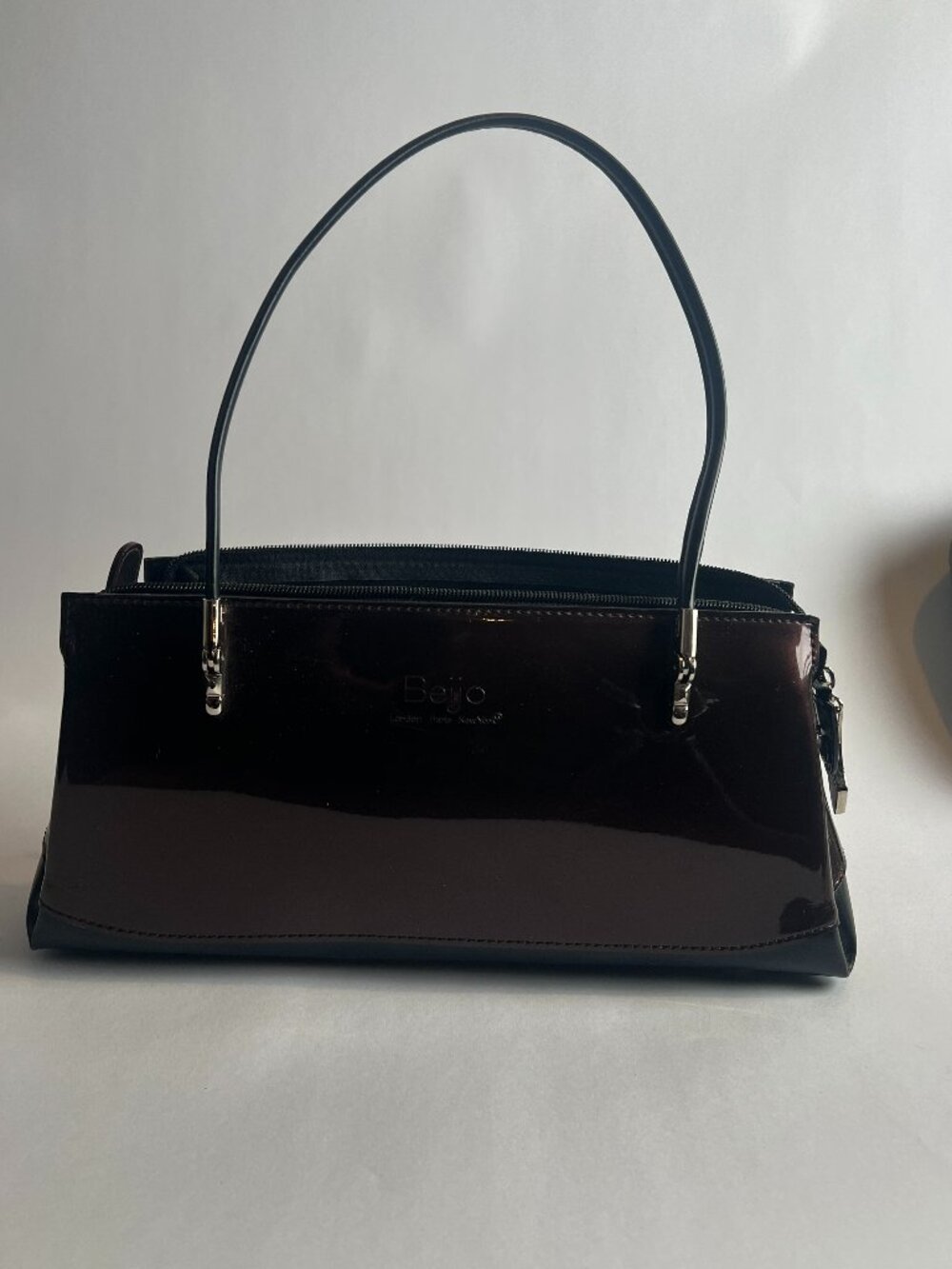 Beijo Oxblood Patent Shoulder Bag Y2K Structured Purse Black Trim - Picture 2 of 7